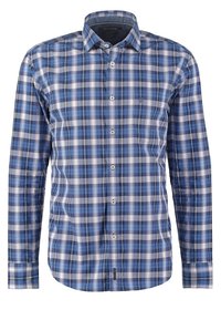 Blau kariertes Langarmhemd mit weißem und navy-blauem Karo-Muster, Button-Down-Kragen und kleinem Logo auf der Brusttasche.