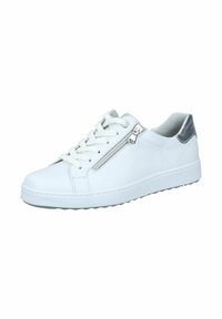 White leather sneaker with a textured finish, lace-up design, side zipper detail, and a silver accent on the heel. Lightweight sole.