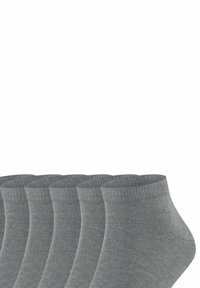 Grå ankelstrumpor med ribbad elastisk kant, med en slät yta och sömlös design. Fem par uppställda i rad.