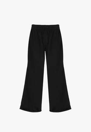Czarne spodnie o szerokich nogawkach wykonane z miękkiego materiału, z elastycznym paskiem w talii, gładką fakturą, bez widocznych wzorów ani zdobień.