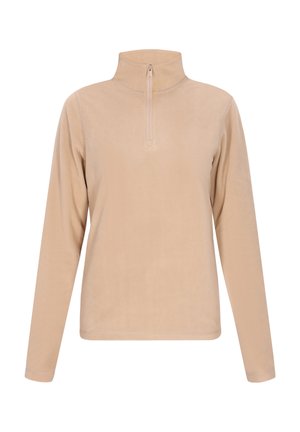 Pullover in pile beige con colletto alto e zip a un quarto. Presenta maniche lunghe e una consistenza morbida, adatto per sovrapposizioni.