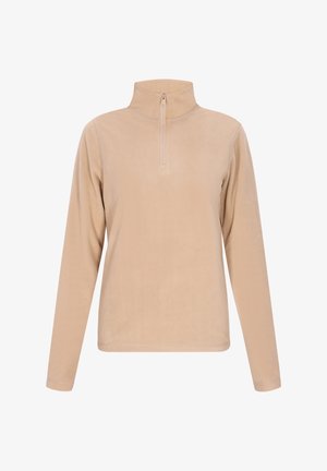 Beige fleece sweater med høj krave og kvart lynlås. Har lange ærmer og en blød tekstur, velegnet til lagdeling.