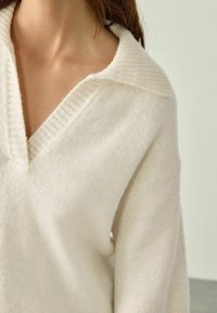 Pull en maille beige clair avec un col V et un col côtelé. Texture douce avec des épaules tombantes et un éclat subtil. Coupe confortable et décontractée.