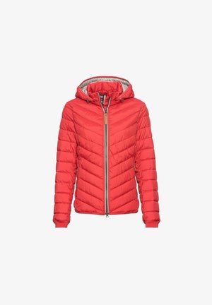 Rote Pufferjacke mit Kapuze, mit Zickzacknähten, Reißverschluss vorn und elastischen Bündchen. Das Innere hat eine kontrastierende helle Farbe.