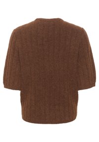 Pull en tricot marron avec un col rond, des manches courtes bouffantes et un motif côtelé texturé sur un tissu doux et duveteux.
