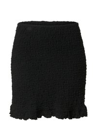 Zwarte mini-jurk van textured stof met een kreukelige uitstraling. Beschikt over een golvende zoom en een elastische tailleband voor een comfortabele pasvorm.
