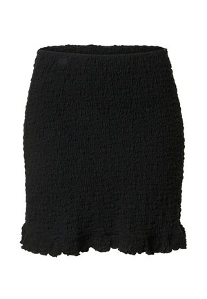 Black mini skirt made of textured fabric with a crinkled appearance. Features a wavy hem and an elastic waistband for a comfortable fit.