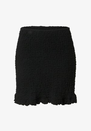 Black mini skirt made of textured fabric with a crinkled appearance. Features a wavy hem and an elastic waistband for a comfortable fit.