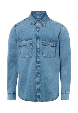 Hellblaues Langarm-Denimhemd mit knöpfbaren Brusttaschen, durchgehendem Knopfverschluss und spitzem Kragen, Marke s.Oliver.