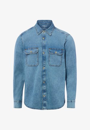 Hellblaues Langarm-Denimhemd mit knöpfbaren Brusttaschen, durchgehendem Knopfverschluss und spitzem Kragen, Marke s.Oliver.