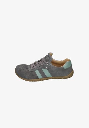 Gray suede sneaker with teal stripes, light gray laces, and a tan inner lining. Features a rubber outsole and minimalistic design.
