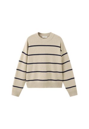 Maglione beige con righe orizzontali blu navy, colletto a giro e maniche lunghe. Realizzato in materiale morbido con polsini e orlo a coste.