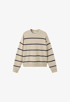 Béžový sveter s námořníckymi vodorovnými pruhmi, crew neckline a dlhými rukávmi. Vyrobený z mäkkého materiálu s rebrovanými manžetami a lemom.