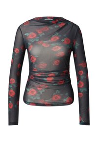 Langärmlige, transparente Bluse mit schwarzem Grund und rotem Rosenmuster. Verfügt über geraffte Details an den Seiten und einen drapierten Ausschnitt.