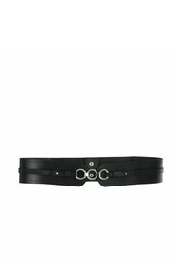 Ceinture en cuir noir avec un design large, des accents en métal argenté circulaires et des sangle réglables pour un ajustement parfait.