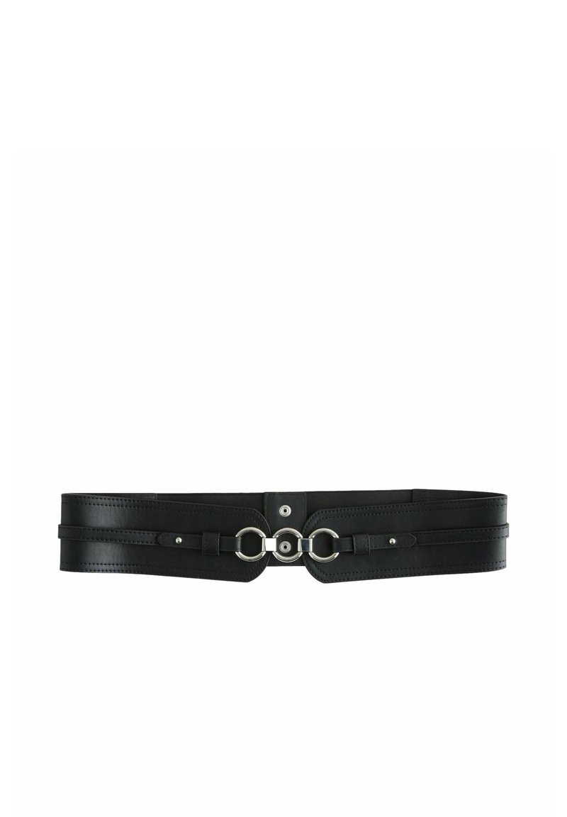 Ceinture en cuir noir avec un design large, des accents en métal argenté circulaires et des sangle réglables pour un ajustement parfait.
