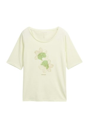 Hellgelbes T-Shirt aus weichem Stoff, mit einem floralen Design in Grün mit Umrandungen, runder Ausschnitt und kurzen Ärmeln.