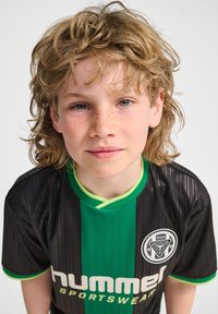 Svart och grön randig fotbollströja med korta ärmar, rund krage, kontrasterande gröna detaljer och en logotyp på bröstet.