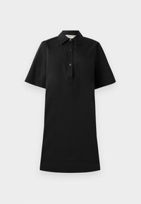 Black short-sleeve dress with a collared neck, button placket, and a straight silhouette. Made of lightweight fabric with a smooth texture.