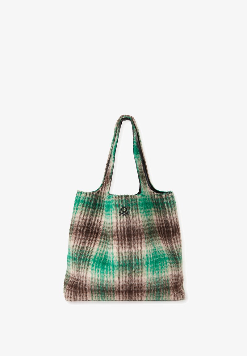 Torebka na ramię z teksturowanej tkaniny w odcieniach zieleni, brązu i kremu, z wzorem w kratę oraz dwoma ramiączkami.
