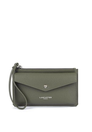 Olive green textured leather wristlet wallet with front flap pocket and silver snap button, zipper top, and Lancaster Paris logo.