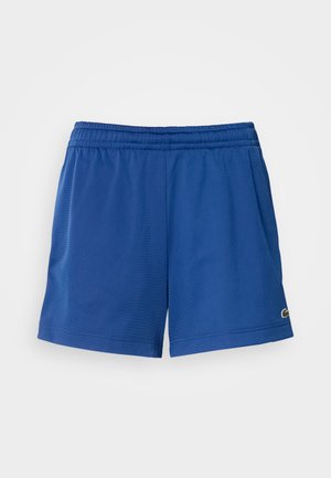 Shorts de sport bleus en tissu léger avec une taille élastique, dotés de poches latérales et d'un petit logo près de l'ourlet.