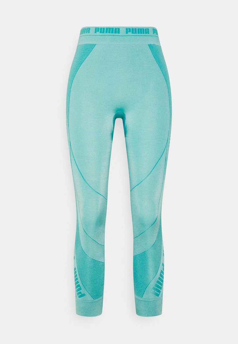 Leggings color aqua con design aderente, texture liscia, e logo Puma sulla vita e sulla gamba inferiore, con sottili variazioni tonali.