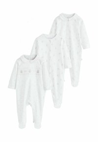 Tre hvide babybodystockings i blødt stof med lange ærmer, der har forskellige diskrete kaninmotiver og et rynket detaljer med sløjfer foran.