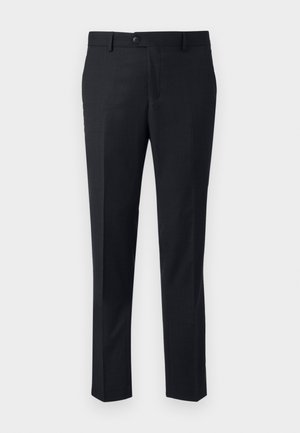 Pantalons sur mesure gris foncé en tissu texturé, avec une fermeture à bouton, deux poches avant et une coupe droite.