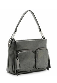 Borsa a tracolla in finta pelle grigia con design piatto, due tasche frontali con zip, dettagli con nappine e una maniglia corta.