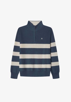 Pullover in maglia blu navy con colletto a mezza zip, caratterizzato da ampie strisce crema e un piccolo emblema logato vicino al collo.