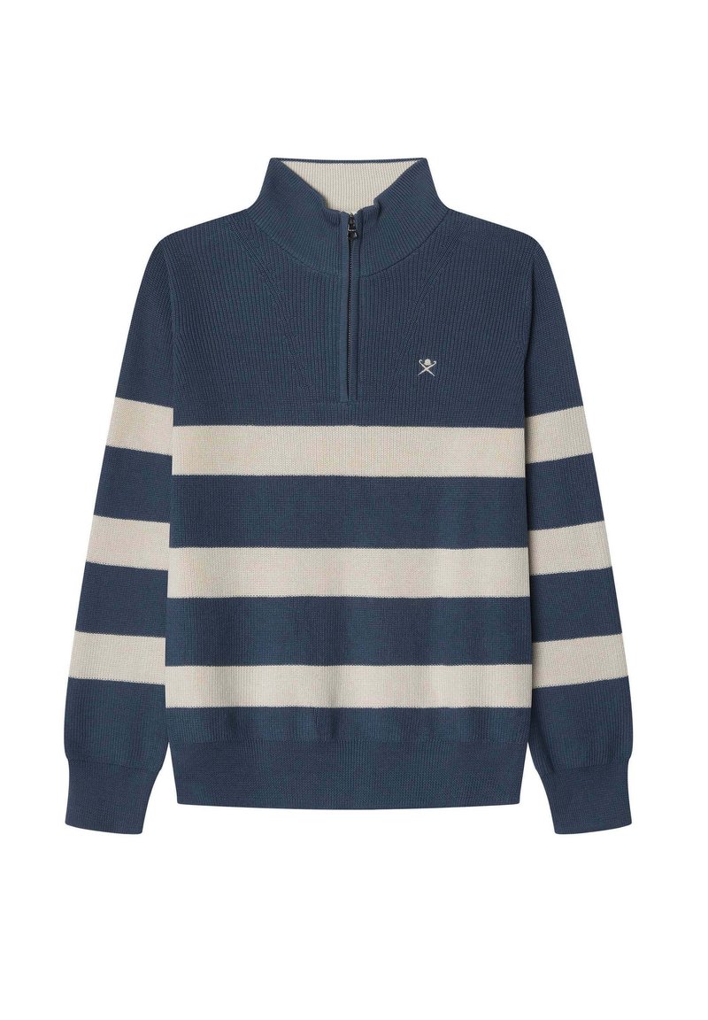 Pulover tamnoplave boje s polu-zip ovratnikom, s širokim krem trakama i malim logom u blizini izreza.