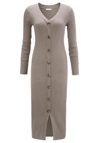 Dlouhá pletená šatová šaty v světlém taupe s výstřihem do V, dlouhými rukávy, přední légou a pěti hnědými dekoračními knoflíky. Středový rozparek na lemu.