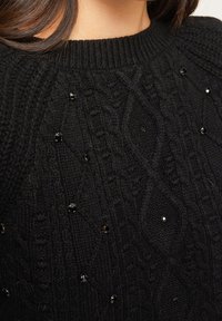 Schwarzer Strickpullover mit einer strukturierten Zopfmusterung, versehen mit kleinen schwarzen Verzierungen, die über den Stoff verteilt sind. Rundhalsausschnitt.