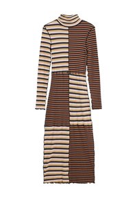 Langärmliges Turtleneck-Kleid mit gerippter Textur und abwechselnd braunen, beigen und cremefarbenen horizontalen Streifen. Mit gewelltem Saum.