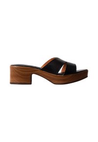 Sandale noire en cuir à enfiler avec bout ouvert, brides croisées, talon bloc en bois et semelle plateforme.