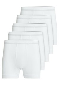 White cotton boxer briefs, five pieces. Features an elastic waistband with subtle stitching and a fitted design. Smooth texture.