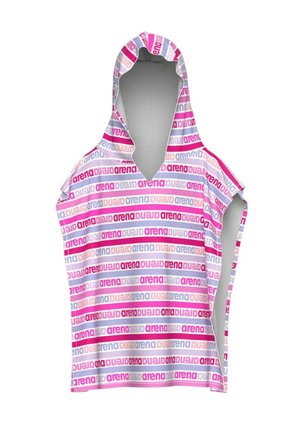 Poncho senza maniche con cappuccio a righe orizzontali con la parola "arena" ripetuta in rosa, viola e grigio su sfondo bianco.