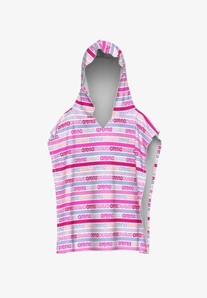 Poncho senza maniche con cappuccio a righe orizzontali con la parola "arena" ripetuta in rosa, viola e grigio su sfondo bianco.