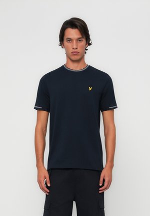 Navy blue t-shirt in cotton blend, short sleeves, round neckline with grey trim, featuring a small yellow logo on the chest.