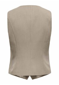 Gilet beige senza maniche con un design strutturato, caratterizzato da una superficie liscia e dettagli di cucitura sottili. La parte posteriore ha un orlo spaccato.