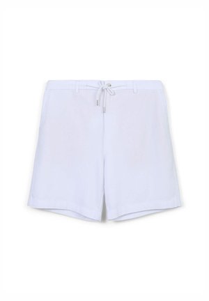 Weiße Baumwollshorts mit einem Kordelzugbund, Knopfverschluss und einer glatten Textur. Einfaches Design ohne sichtbare Muster oder Akzente.