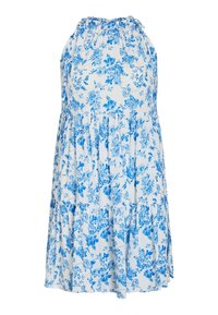 Blau gemustertes Kleid aus leichtem Stoff. Mit einem Neckholder-Ausschnitt und einem gestuften Rock für einen fließenden Look.