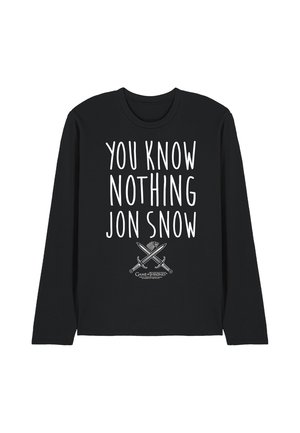 Black long-sleeve shirt with white text "YOU KNOW NOTHING JON SNOW" and crossed swords with Game of Thrones logo below.