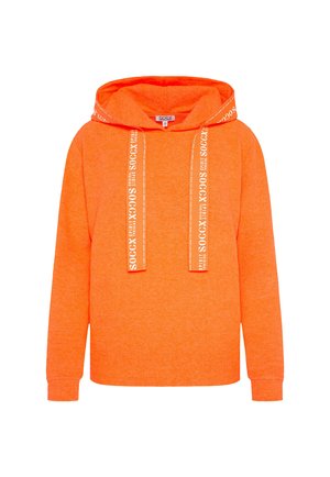 Orange Kapuzenpullover mit Kordelzug, ausgestattet mit weißen Markenbändern vorne und gerippten Bündchen. Weicher Stoff, lässige Passform.