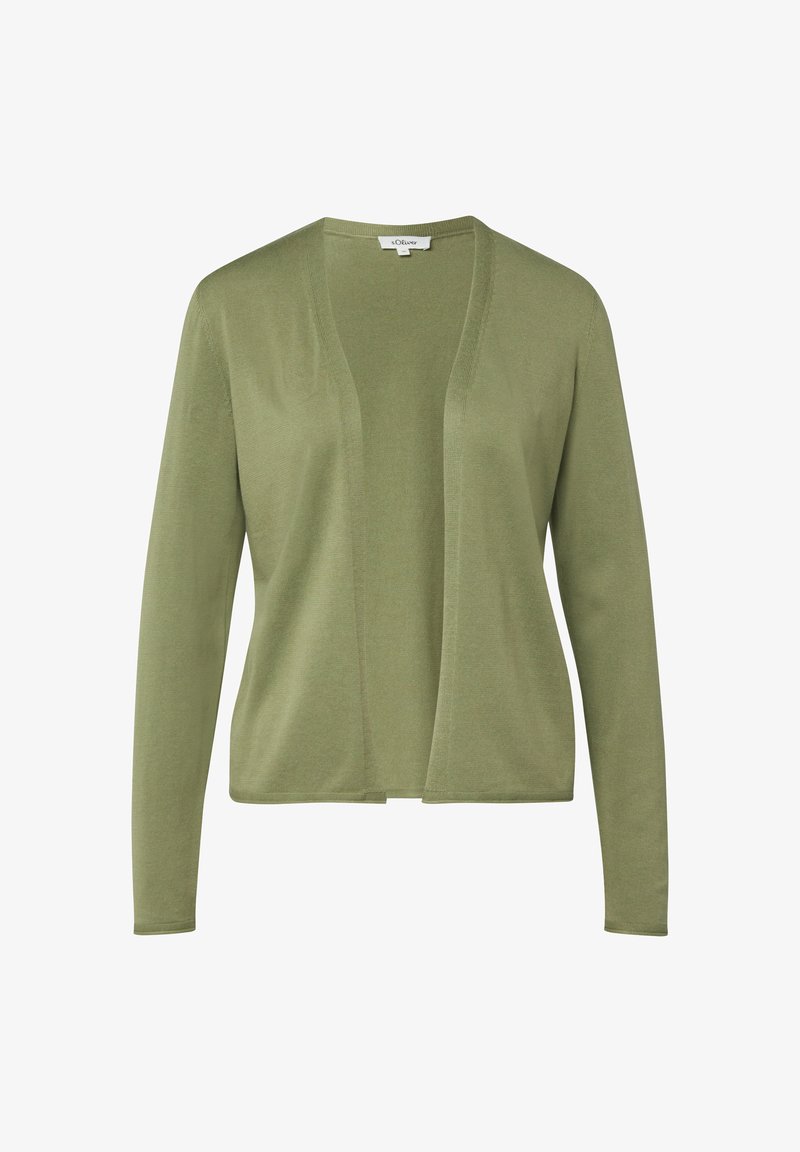 Cardigan vert olive en maille douce, doté d'un devant ouvert, de manches longues et d'une coupe décontractée. Sans attaches ni ornements.