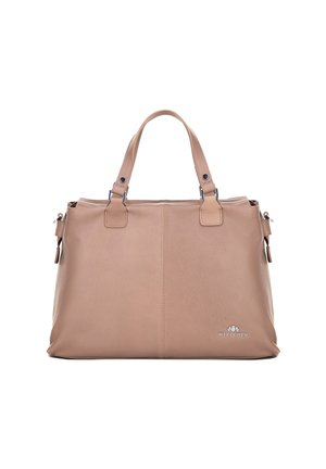 Borsa a tracolla in pelle di un morbido beige con due manici superiori, dettagli con zip laterali e un emblema del logo in basso a destra. Texture liscia.