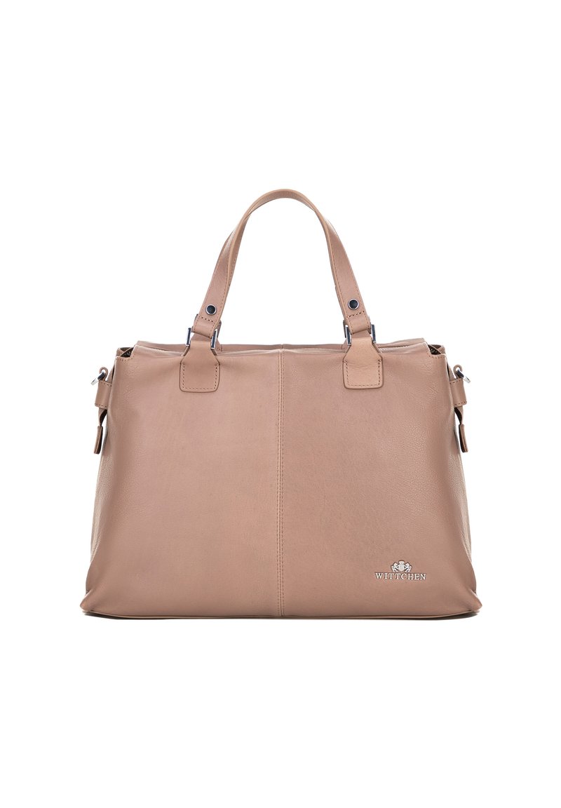 Borsa a tracolla in pelle di un morbido beige con due manici superiori, dettagli con zip laterali e un emblema del logo in basso a destra. Texture liscia.