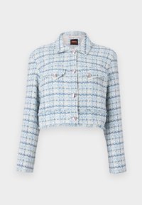 Geknipt langslijfjack met blauwe en witte geruite tweedstof, zilveren knopen, borstzakken en een rafelige zoom.