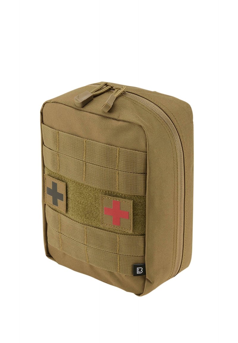 Tan medical pouch made of durable fabric, featuring red and black cross patches, front molle webbing, and dual zipper closure.